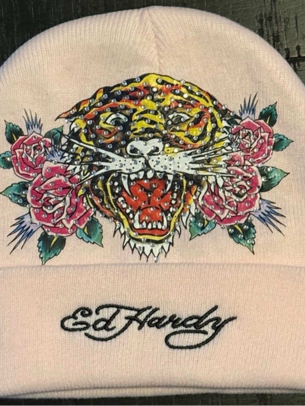 Ed Hardy Women's Light Pink Tiger & Roses Rhinestone Knit Beanie Hat